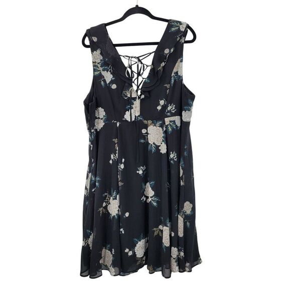 Torrid Baby Doll Skater Mini Dress Plus Sz 18 Black Floral Chiffon Lace-Up Back - Picture 6 of 12